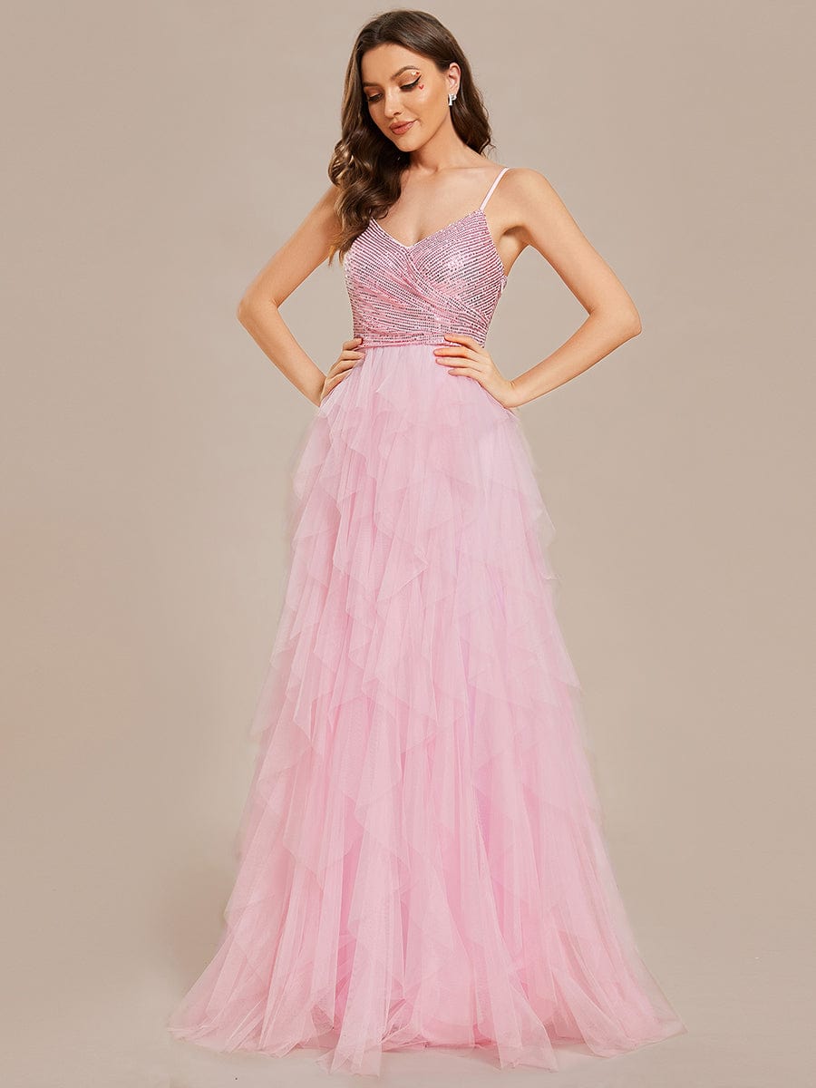 Sparkling V-Neck Spaghetti Strap Tiered Tulle Wedding Dress #color_Pink