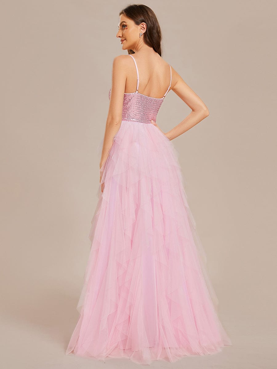Sparkling V-Neck Spaghetti Strap Tiered Tulle Wedding Dress #color_Pink
