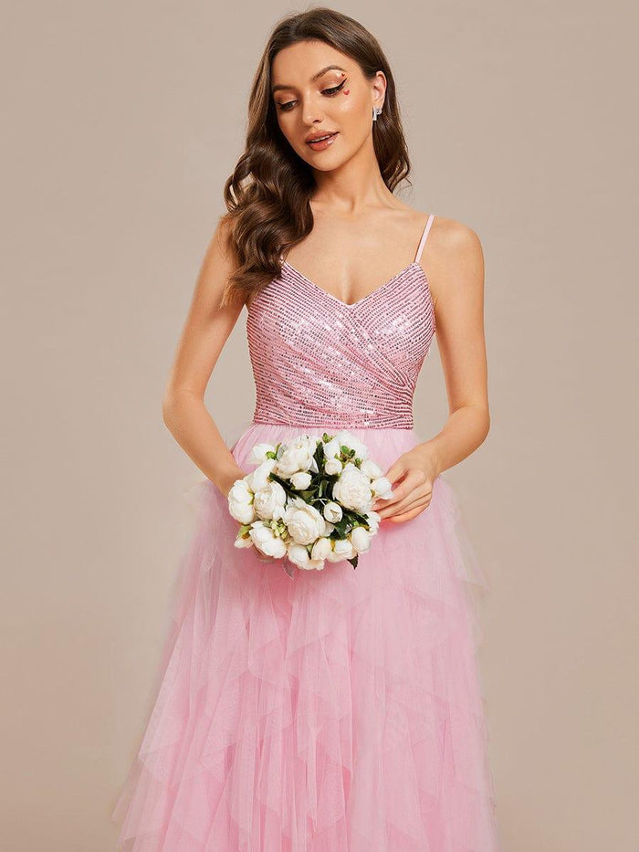 Sweet Spaghetti Straps V Neck Yellow Tulle Appliques Long Wedding Guest Dress Party Dress