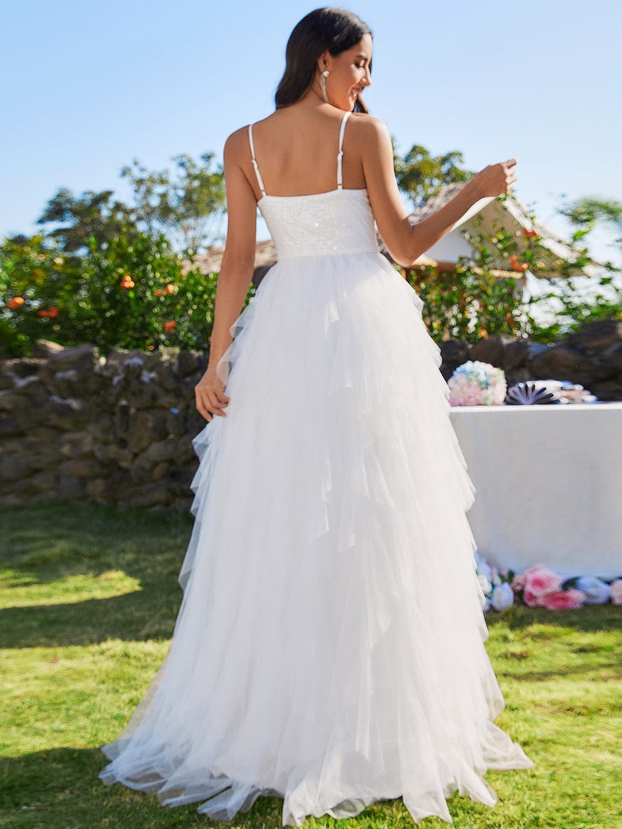 Custom Size Sparkling V-Neck Spaghetti Strap Tiered Tulle Wedding Dress #color_White