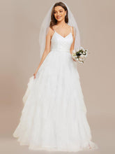 Sparkling V-Neck Spaghetti Strap Tiered Tulle Wedding Dress #color_White