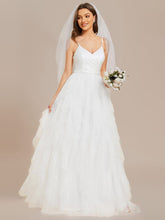 Sparkling V-Neck Spaghetti Strap Tiered Tulle Wedding Dress #color_White