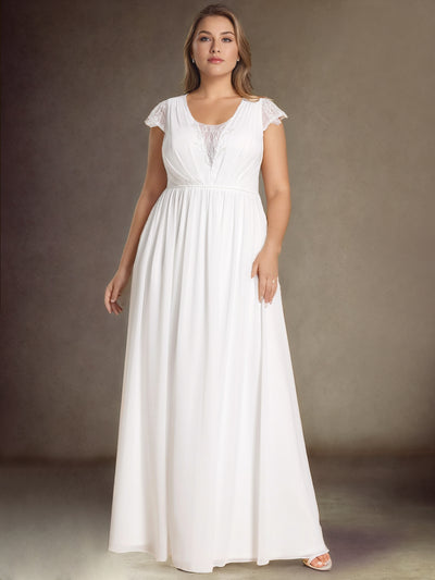 Plus Size Short-Sleeved V-Neck Chiffon Wedding Dresses #color_White