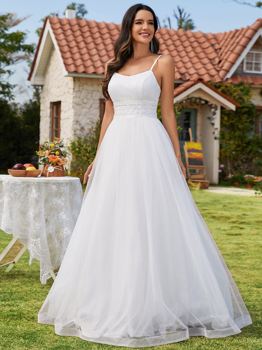 Custom Size Classic Adjustable Spaghetti Strap Tulle Wedding Dress with Waist Paillette Chain