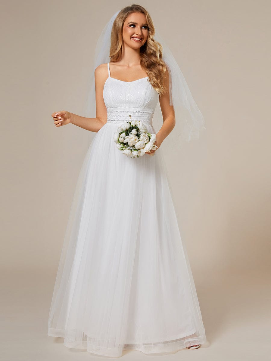Custom Size Classic Adjustable Spaghetti Strap Tulle Wedding Dress with Waist Paillette Chain