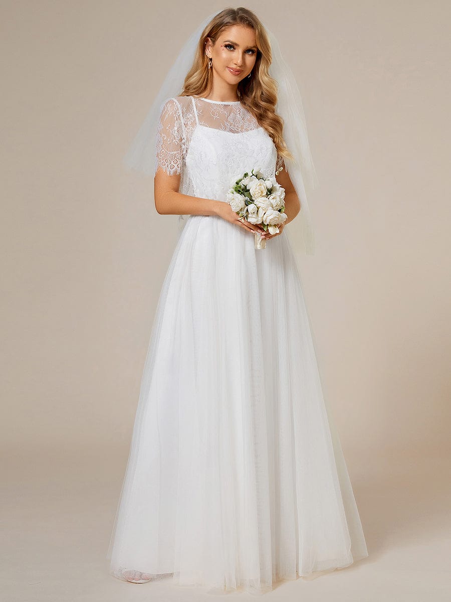 A-Line Spaghetti Strap Wedding Dress with Lace Jacket #color_White
