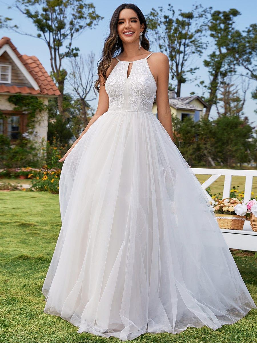 Halter Neck Applique Tulle Wedding Dress adorned with A-Line