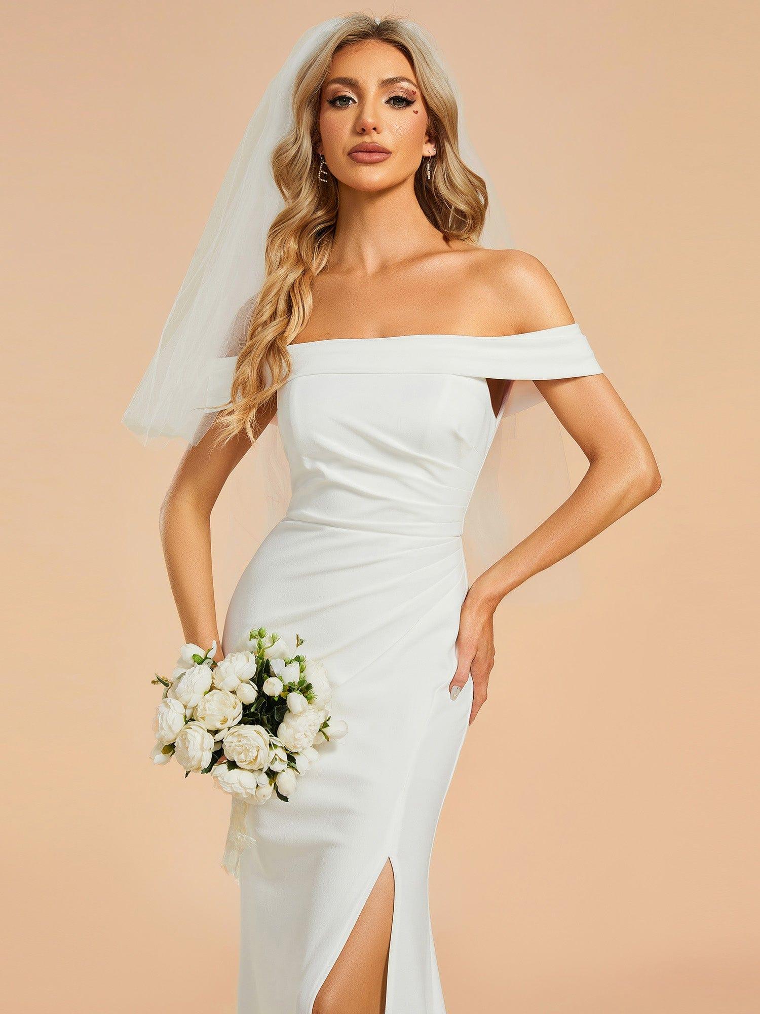 Off Shoulder Pleated Mermaid Wedding Dress featuring High Slit #color_White