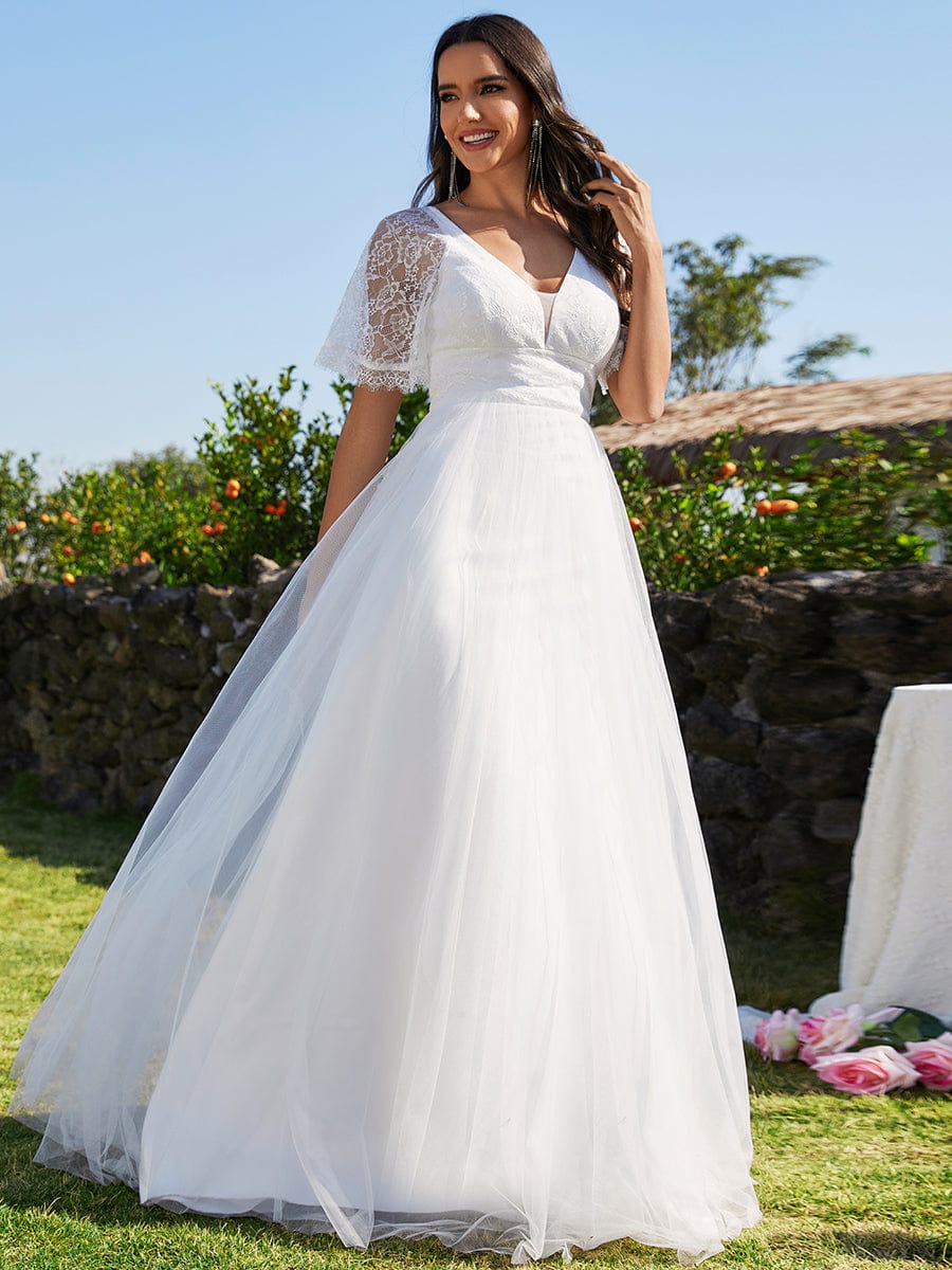 Custom Size V-Neck Tulle Wedding Dresses with Lace Short Sleeves