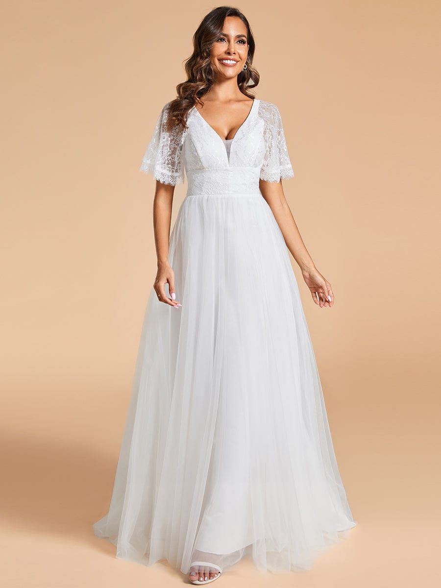 Custom Size V-Neck Tulle Wedding Dresses with Lace Short Sleeves