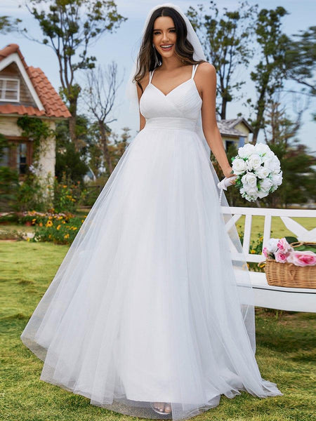 A-Line V-Neck Spaghetti Strap Wedding Dress with Delicate Bow Back