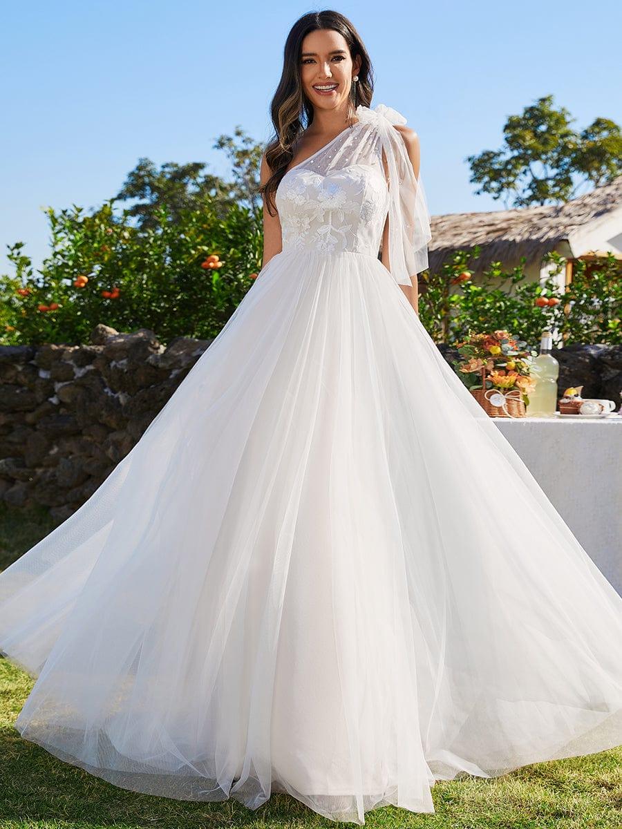 One-Shoulder Backless Tulle Wedding Dress with Front Floral Print #color_Ivory