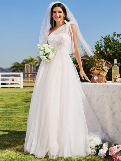 One-Shoulder Backless Tulle Wedding Dress with Front Floral Print #color_Ivory