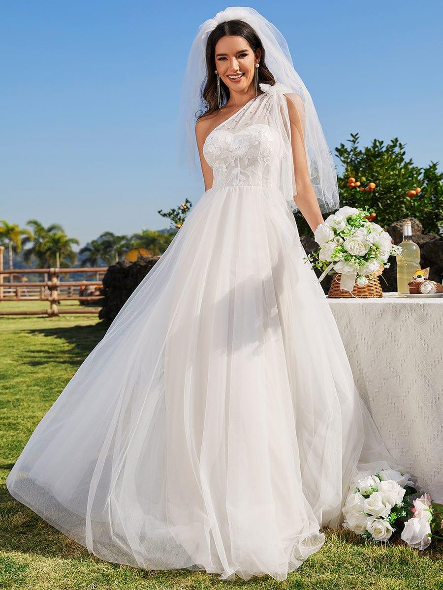 One Shoulder with Bowknot Wedding Dress with Pearl Decoration Ever Pretty US