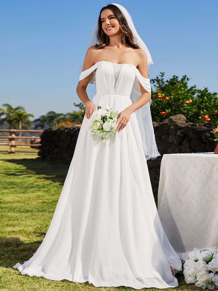 Off Shoulder chiffon A-Line Wedding Dress with Strapless #color_White