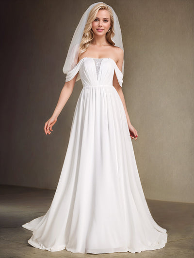 Off Shoulder chiffon A-Line Wedding Dress with Strapless #color_White