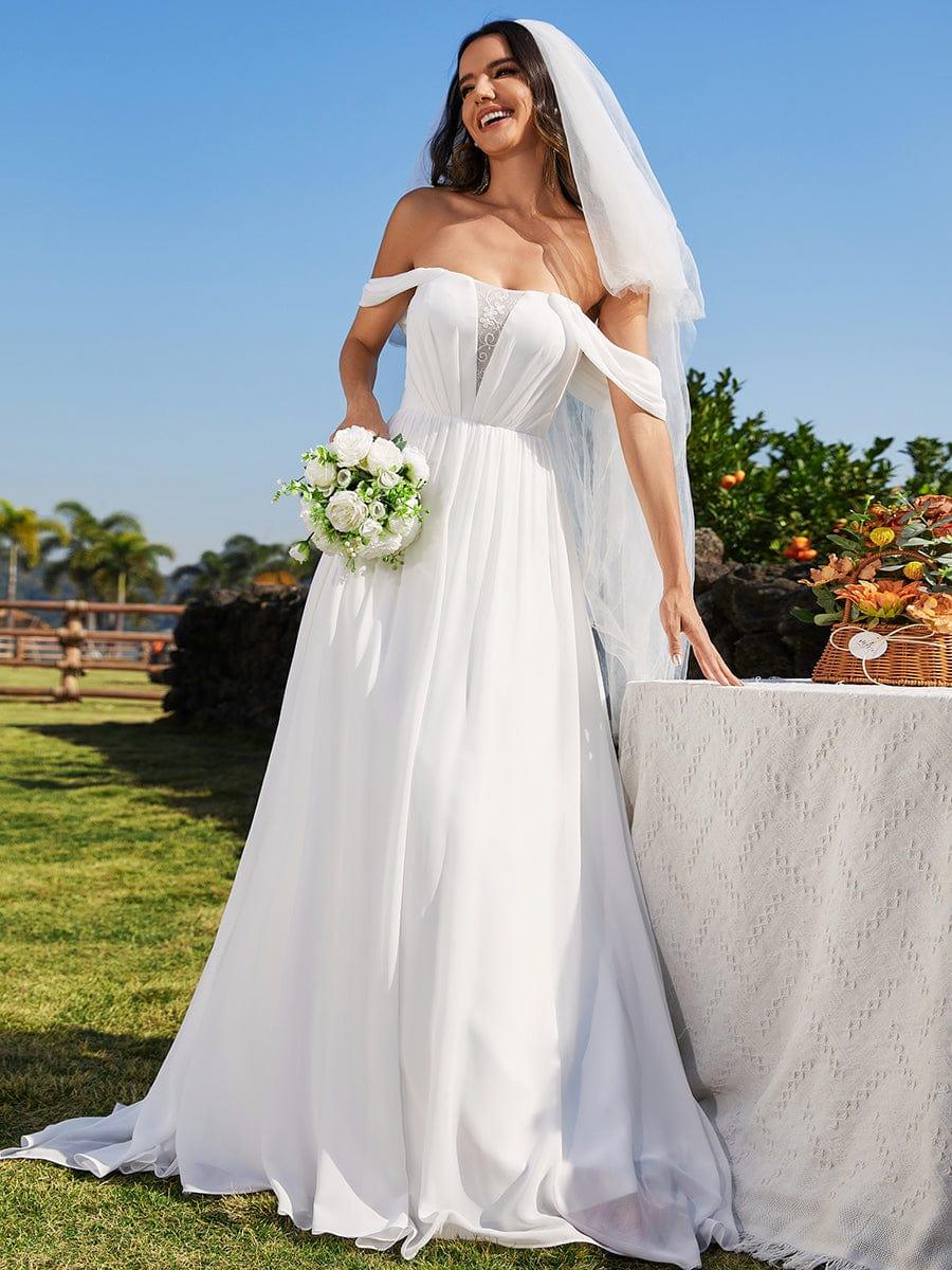Off Shoulder chiffon A-Line Wedding Dress with Strapless #color_White