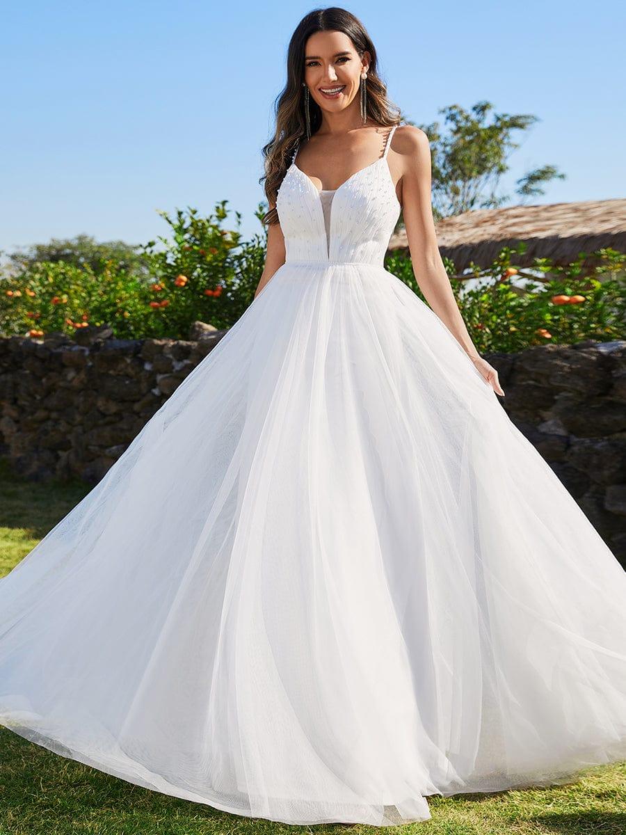 V-Neck A-Line Wedding Dress featuring Delicate Pearl Accents #color_White