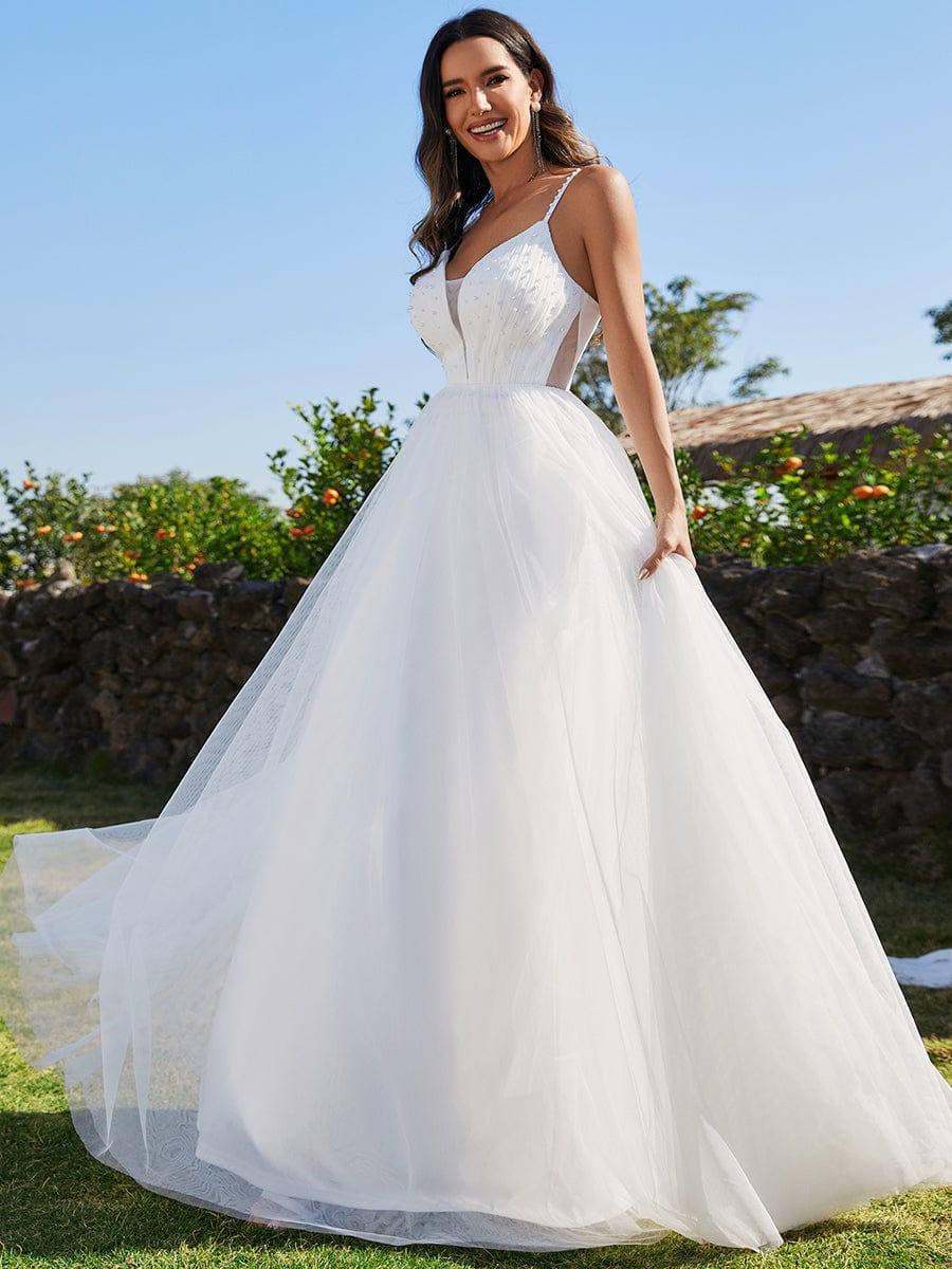 V-Neck A-Line Wedding Dress featuring Delicate Pearl Accents #color_White