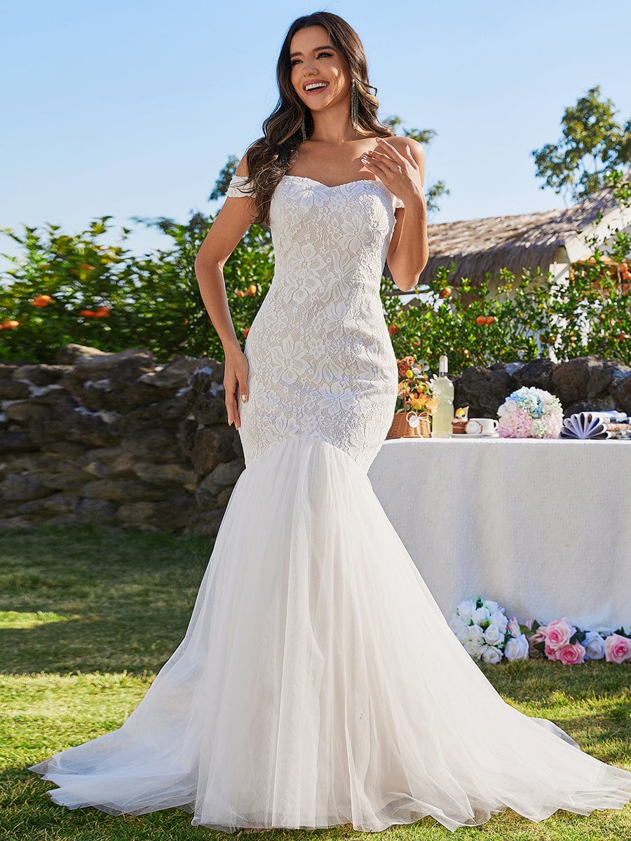 Bodycon Lace Off Shoulder Mermaid Wedding Dress #color_Ivory