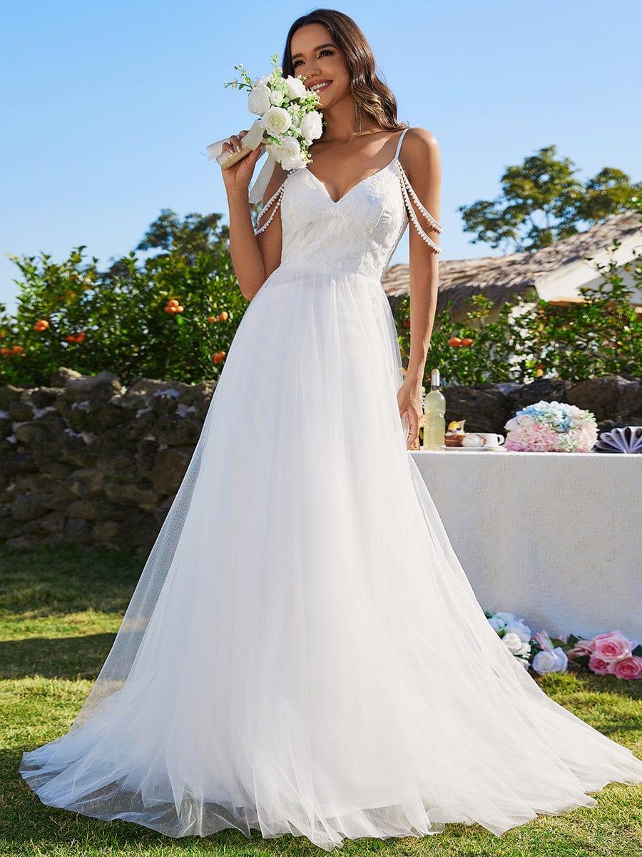 A-Line V-Neck Embroidered Tulle Wedding Dress with Pearl Spaghetti