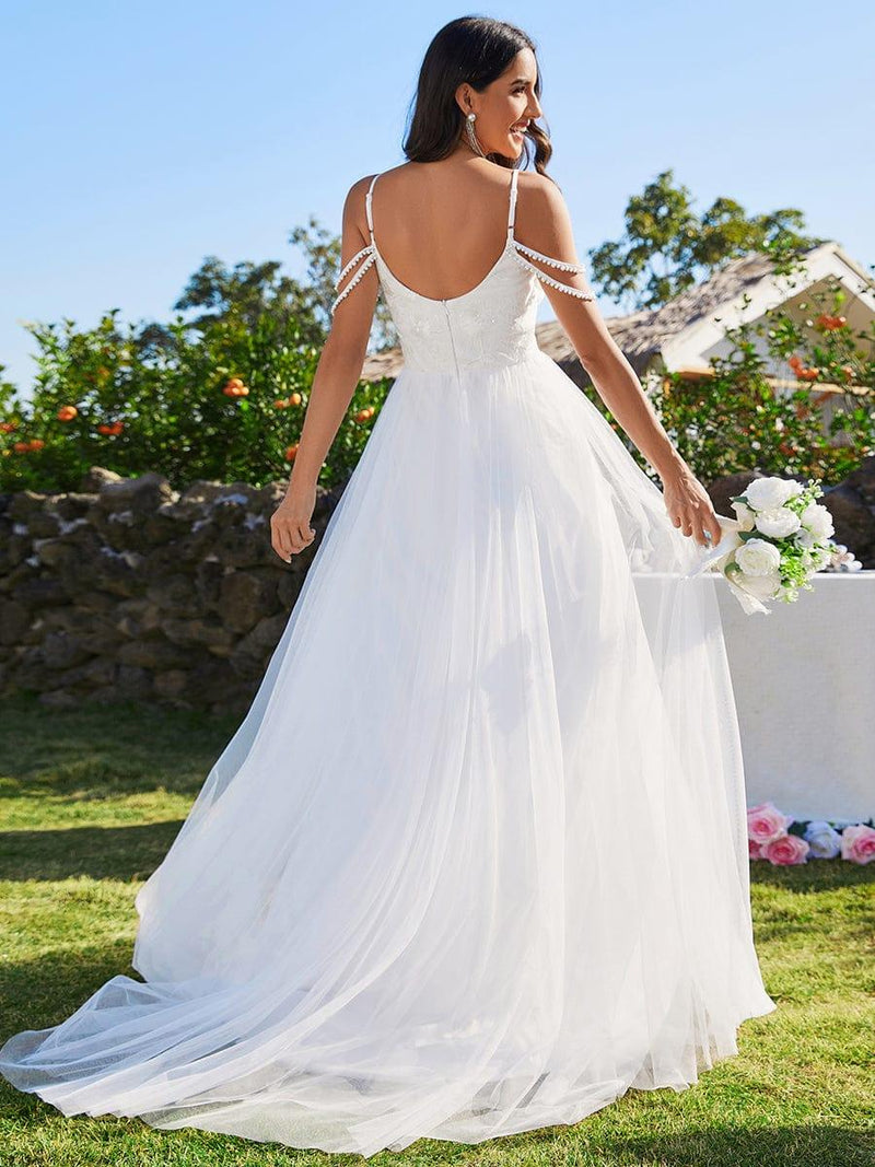 Elegant Pearl Beaded Spaghetti Strap Cold Shoulder Tulle Wedding Dress Gown