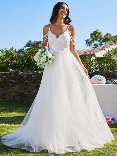 A-Line V-Neck Spaghetti Strap Embroidered Tulle Wedding Dresses #color_White
