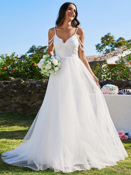 A-Line V-Neck Embroidered Tulle Wedding Dresses with Spaghetti Strap