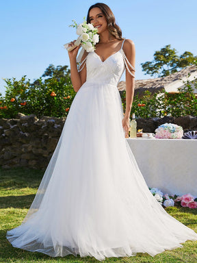 A-Line Pearl Spaghetti Strap Embroidered Tulle Wedding Dress with V-Neck