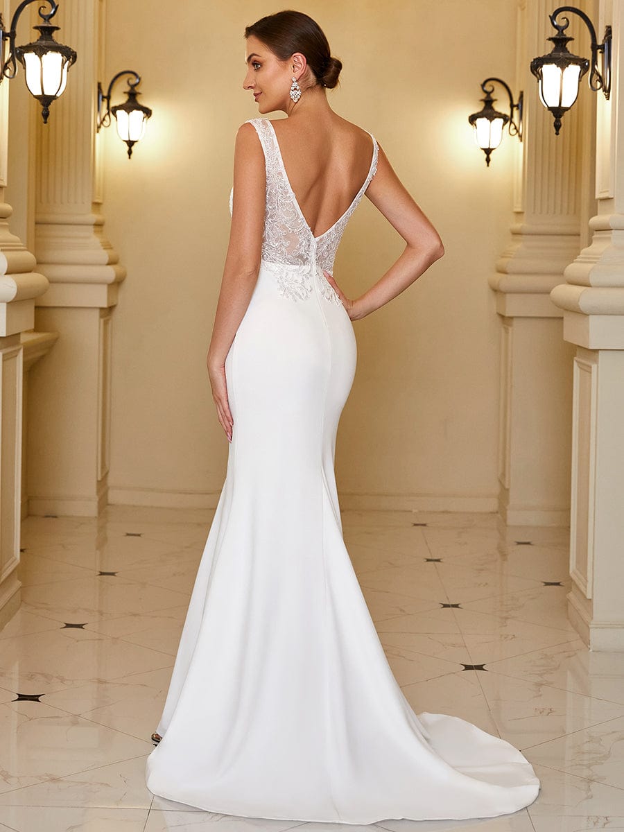 Sleeveless Lace Backless Fishtail Bodycon Wedding Dress #color_White 
