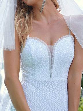 Color=Cream | Stunning V-Neck Paillette Fishtail Hem White Wedding Dress-Cream 3