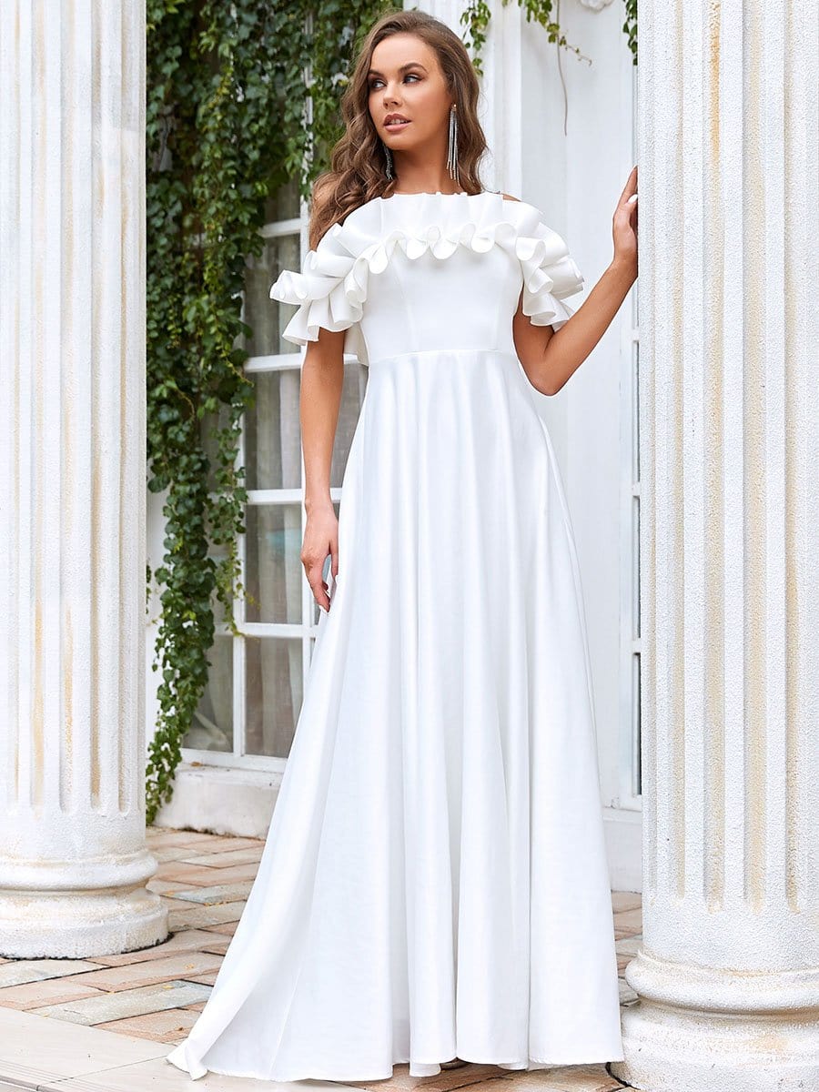 Color=Cream | Double Ruffle Sleeveless A-Line Floor-Length Wedding Dress-Cream 1