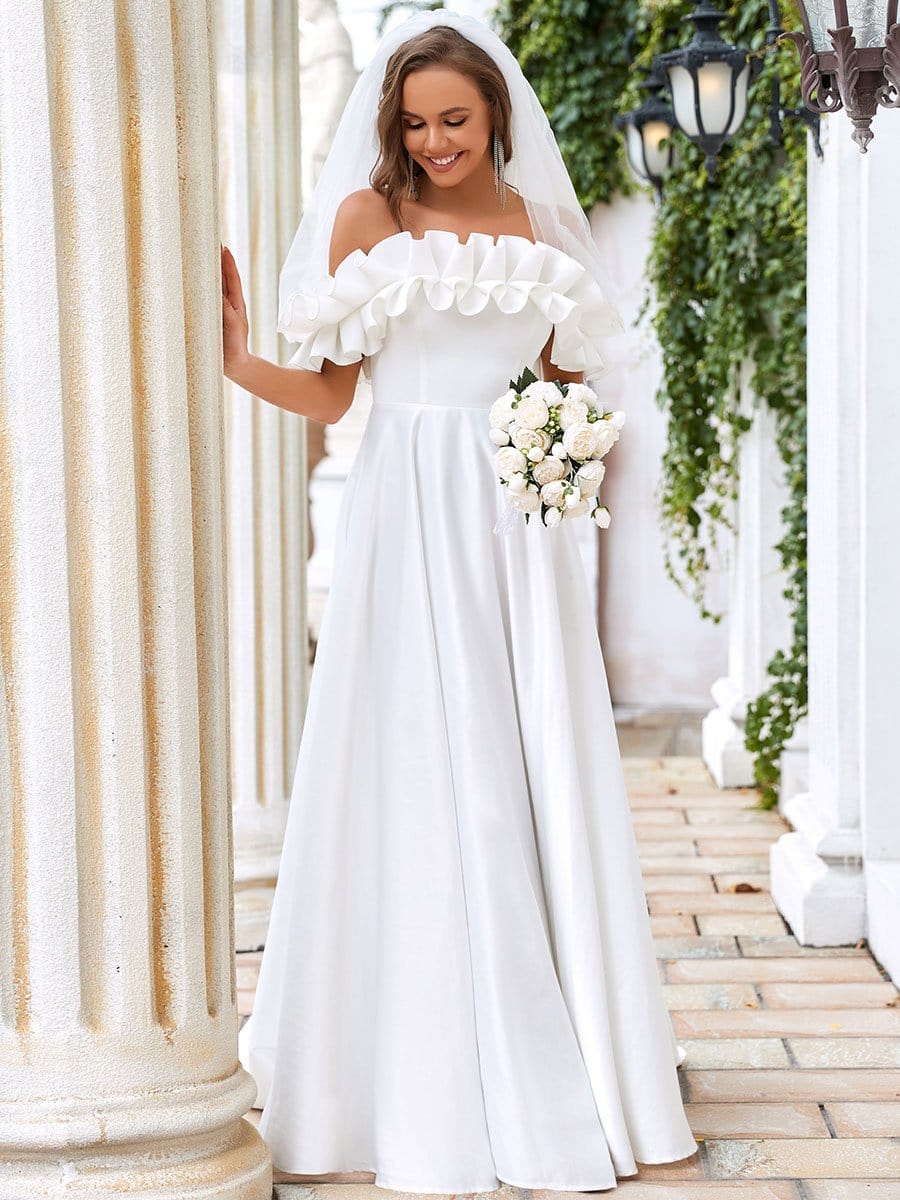 Color=Cream | Double Ruffle Sleeveless A-Line Floor-Length Wedding Dress-Cream 4