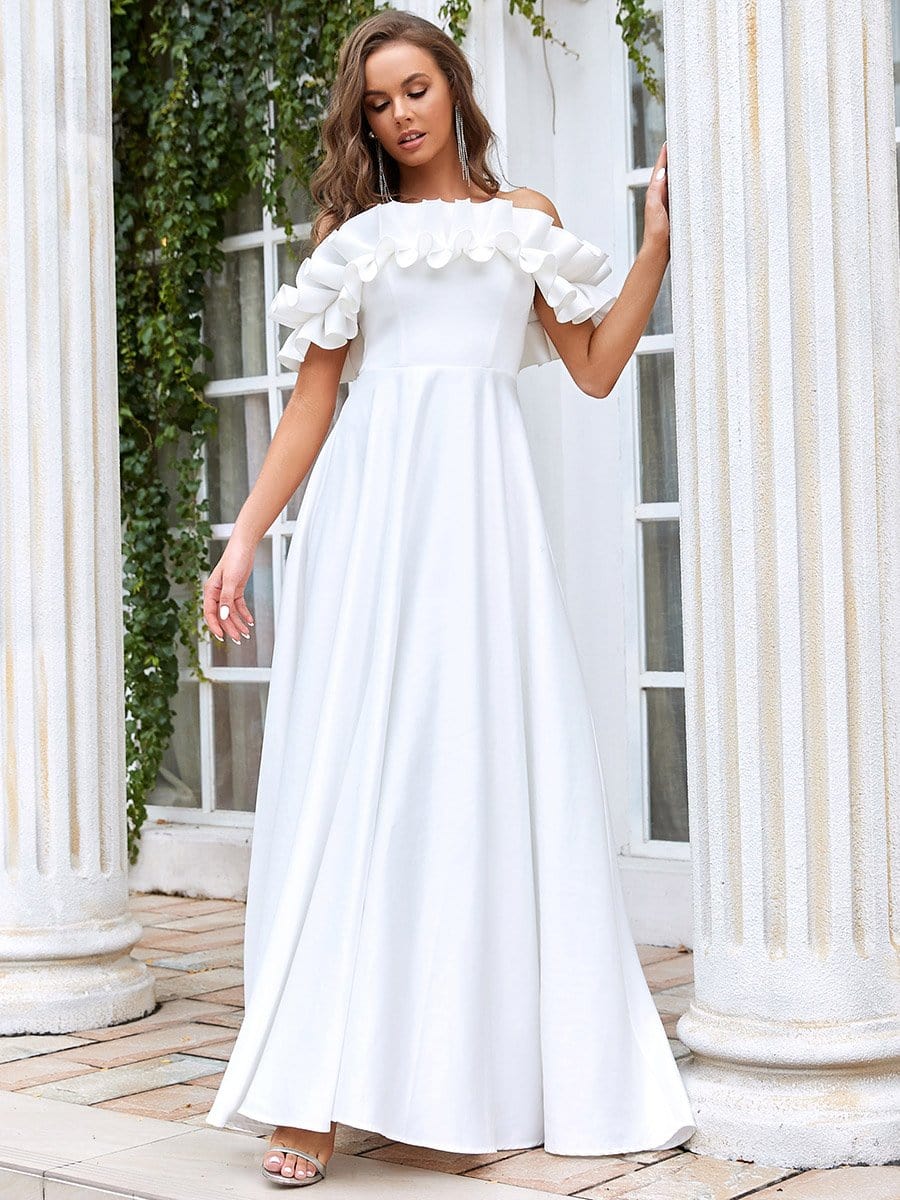 Color=Cream | Double Ruffle Sleeveless A-Line Floor-Length Wedding Dress-Cream 5
