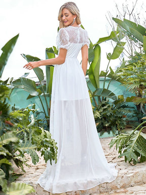 Color=Cream | Short Sleeve Floral Lace Sheer Vintage Wedding Dress-Cream 2