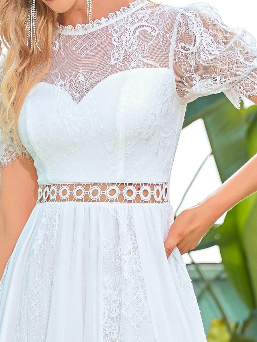 Color=Cream | Short Sleeve Floral Lace Sheer Vintage Wedding Dress-Cream 3
