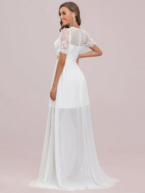 Color=Cream | Short Sleeve Floral Lace Sheer Vintage Wedding Dress-Cream 1