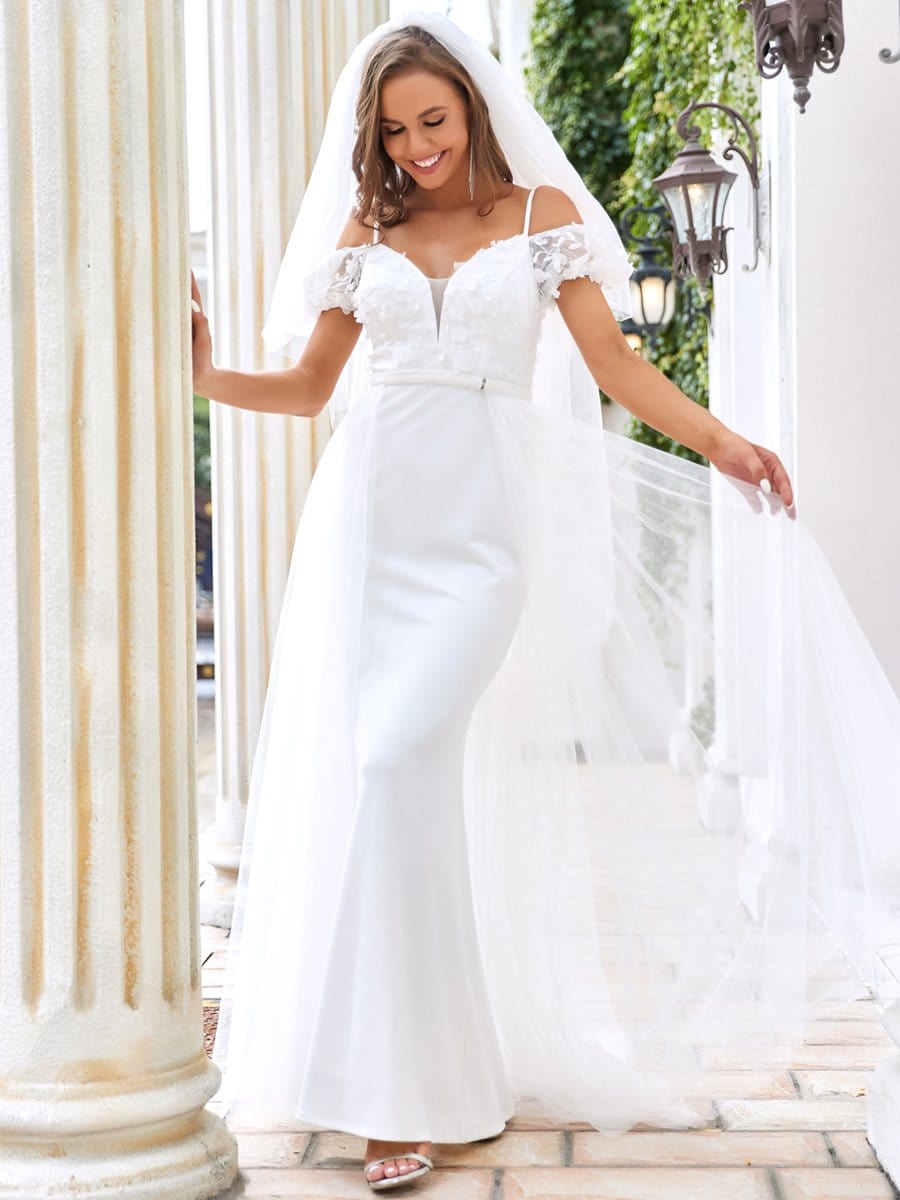 Color=Cream | Cold Shoulder V-Neck Double Layer Wedding Dress-Cream 1