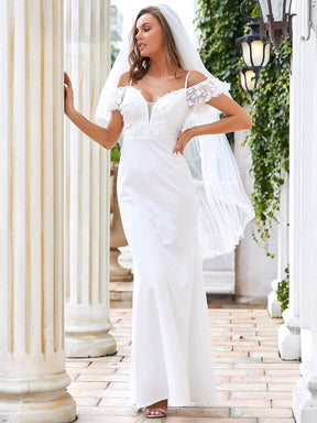 Color=Cream | Cold Shoulder V-Neck Double Layer Wedding Dress-Cream 4