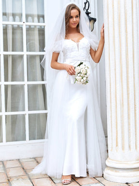 Color=Cream | Cold Shoulder V-Neck Double Layer Wedding Dress-Cream 5
