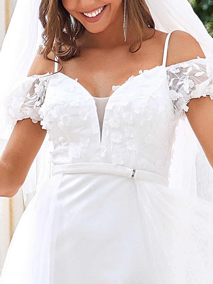 Color=Cream | Cold Shoulder V-Neck Double Layer Wedding Dress-Cream 3
