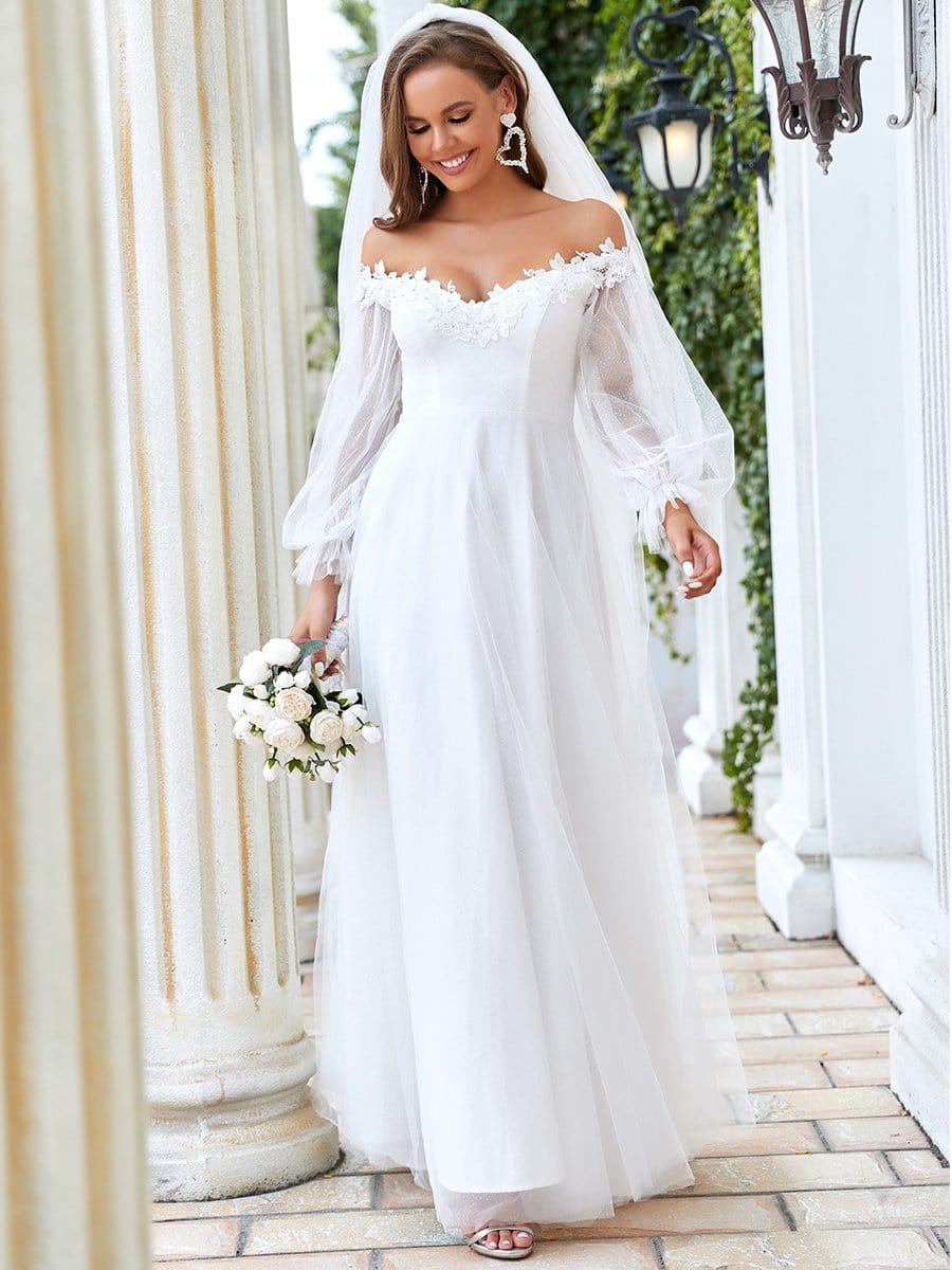 Custom Size Embroidered Lantern Sleeve Off the Shoulder Maxi Wedding Dress