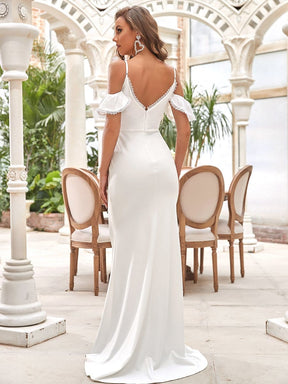 Color=Cream | Bodycon Cold Shoulder V-Neck Fishtail Simple Wedding Dress-Cream 2
