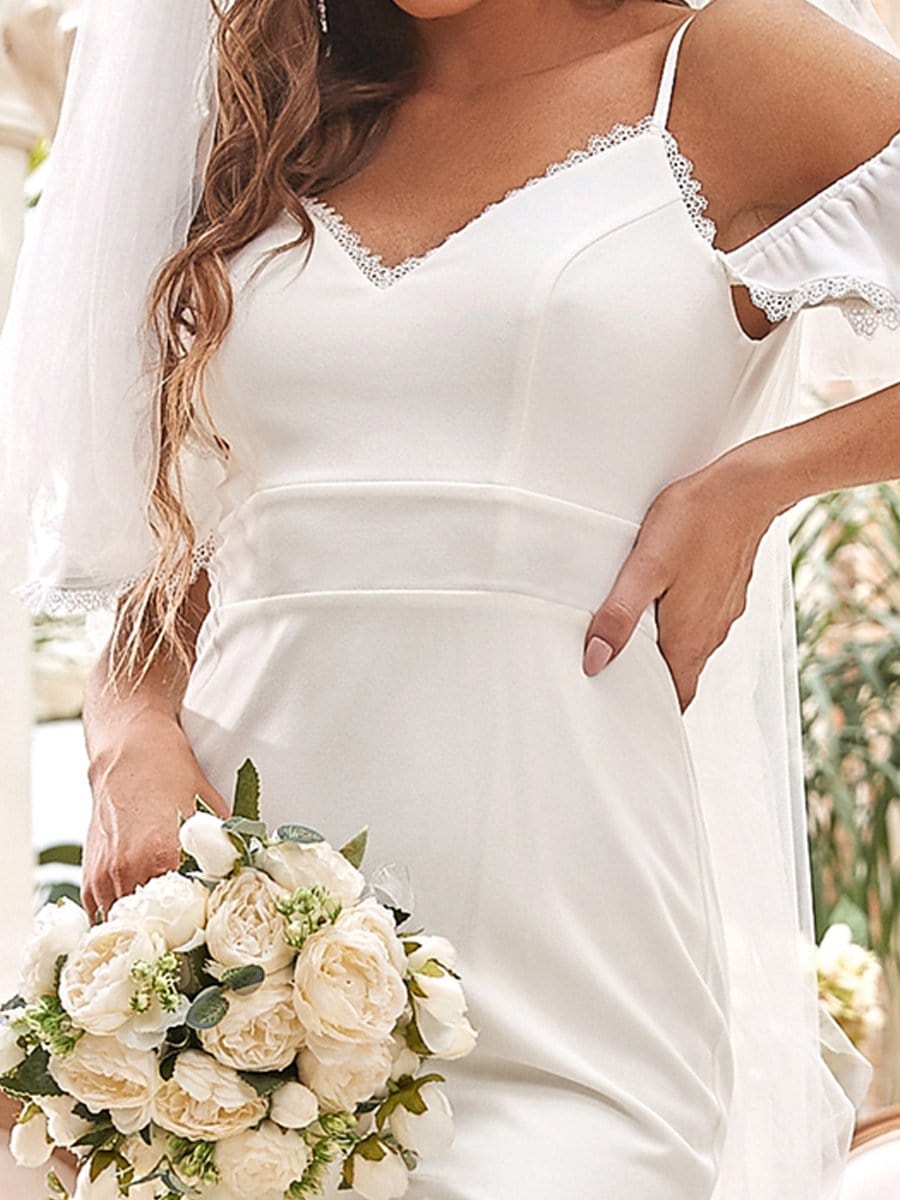 Color=Cream | Bodycon Cold Shoulder V-Neck Fishtail Simple Wedding Dress-Cream 3