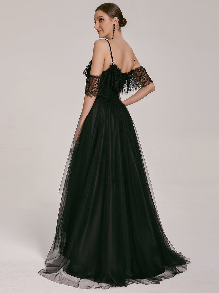Cold Shoulder Lace High-Low Wedding Dress #color_Black