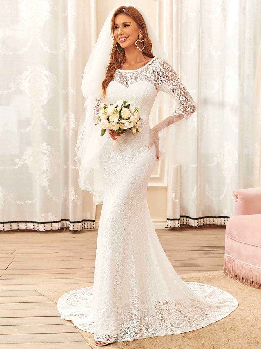 Custom Size Sweetheart Long Sleeve Lace Mermaid Wedding Dress #color_Cream 