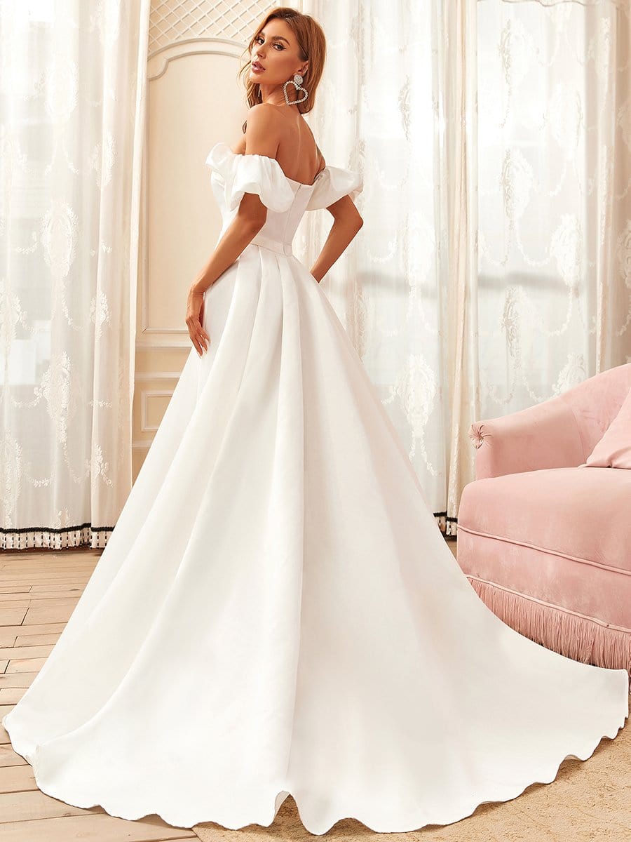 Belted Off-Shoulder Sweetheart Ball Gown Wedding Dress #color_Cream