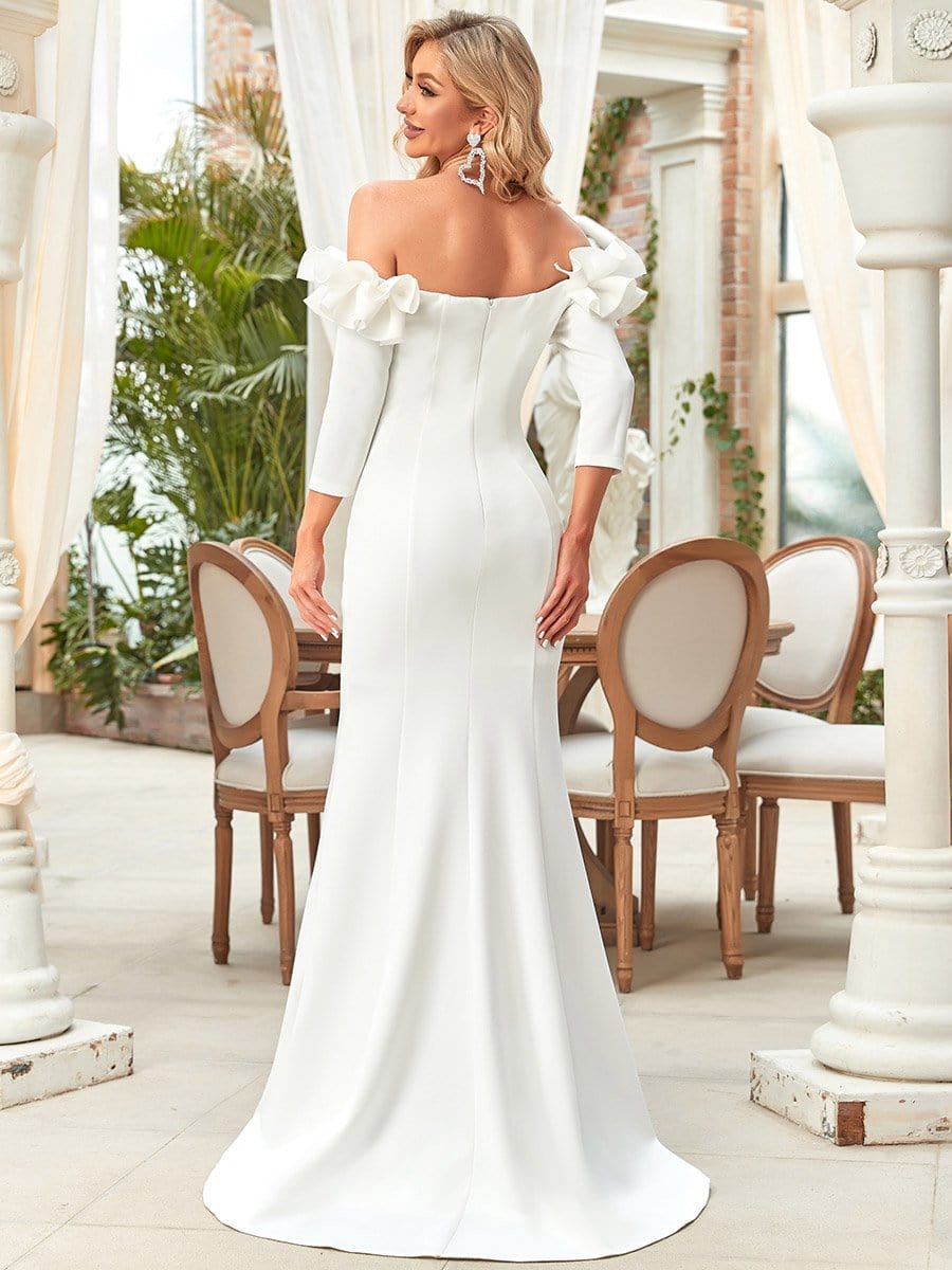 Color=White | Ruffled Long Sleeve Mermaid Bodycon Wedding Dress-White 2