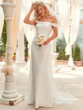 Color=White | Applique Off-Shoulder Bodycon Fishtail Wedding Dress-White 4