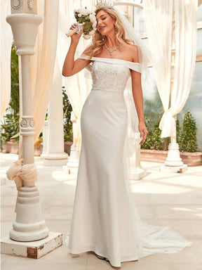Color=White | Applique Off-Shoulder Bodycon Fishtail Wedding Dress-White 5